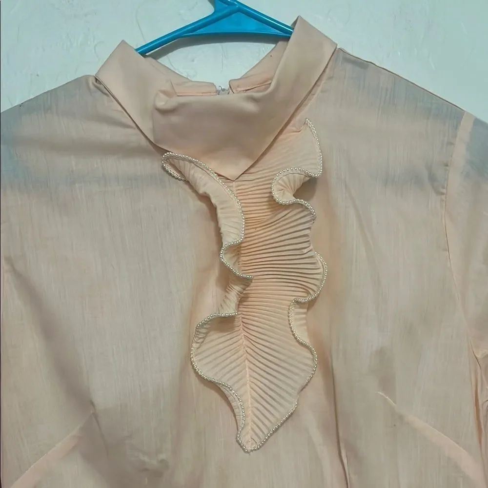Vintage Peach Ruffle Sheer Zipper On Back Blouse - Picture 2 of 9